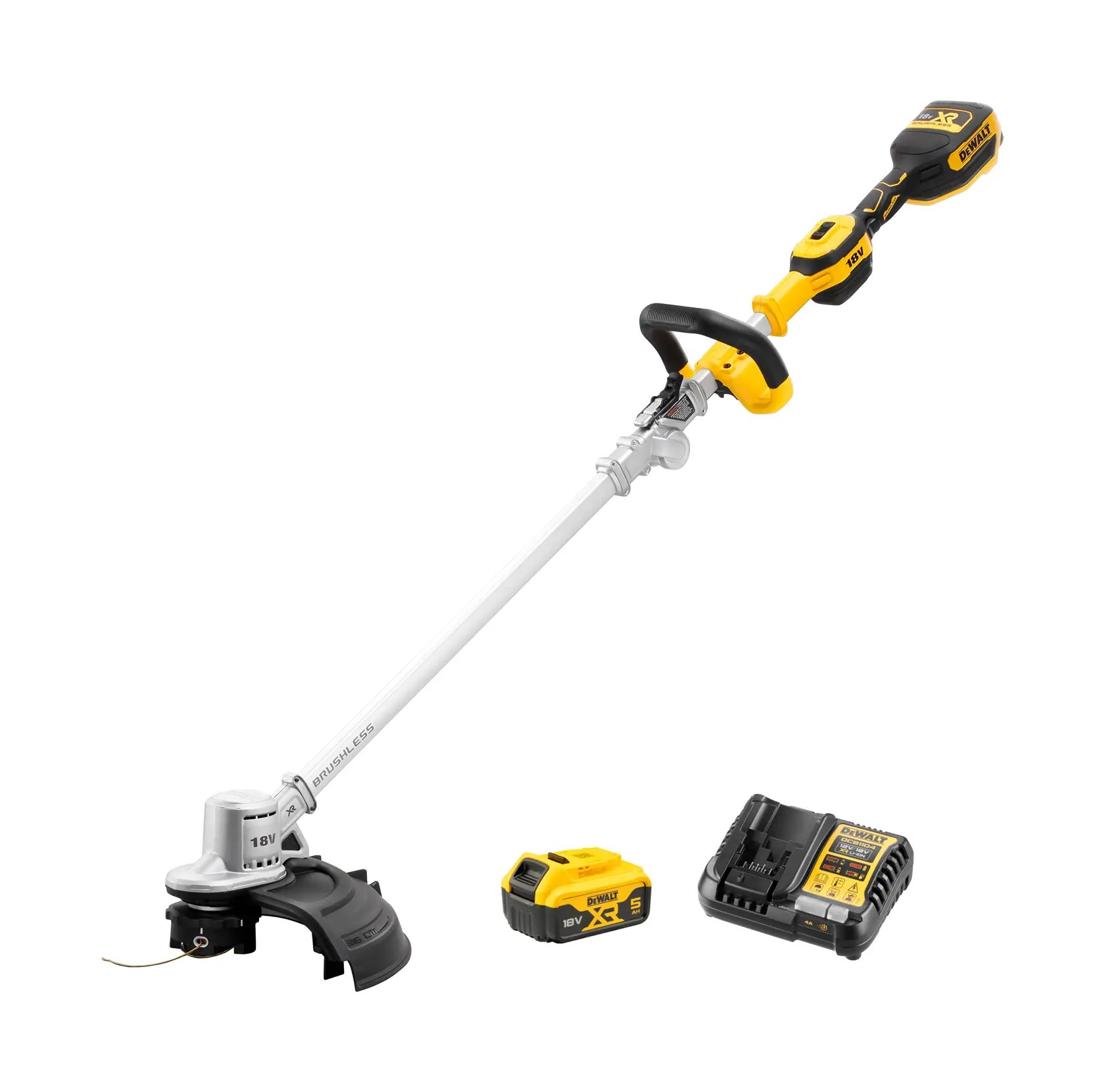 Tagliabordi a batteria DEWALT con batteria e caricabatteria su sfondo bianco.