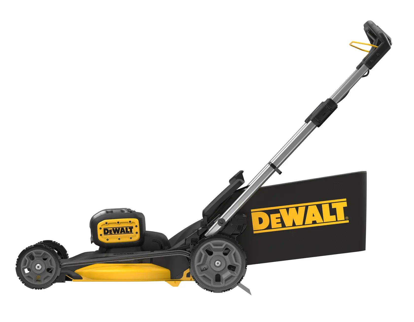 Side view of a black and yellow DEWALT cordless lawn mower with grass collection bag.