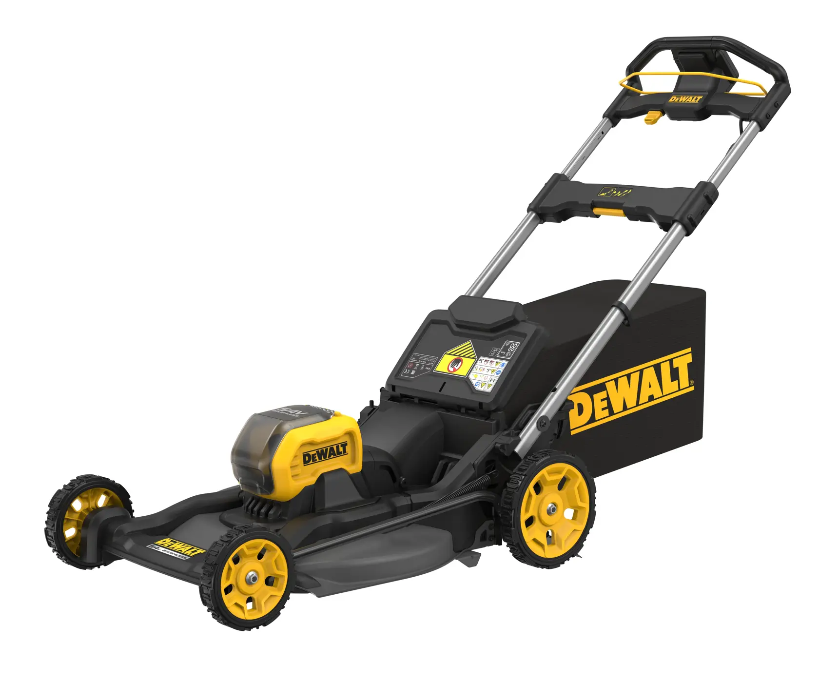 DEWALT cordless lawn mower with yellow wheels and black grass bag, angled view on white background.