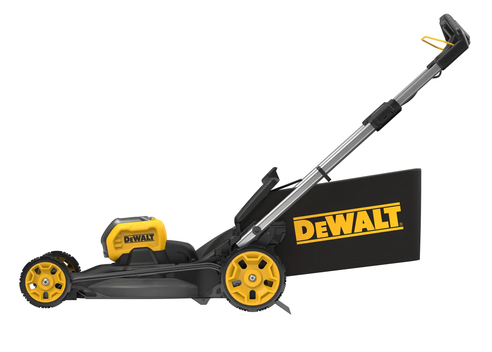 DEWALT cordless lawn mower with yellow wheels and black grass bag, side view on white background.