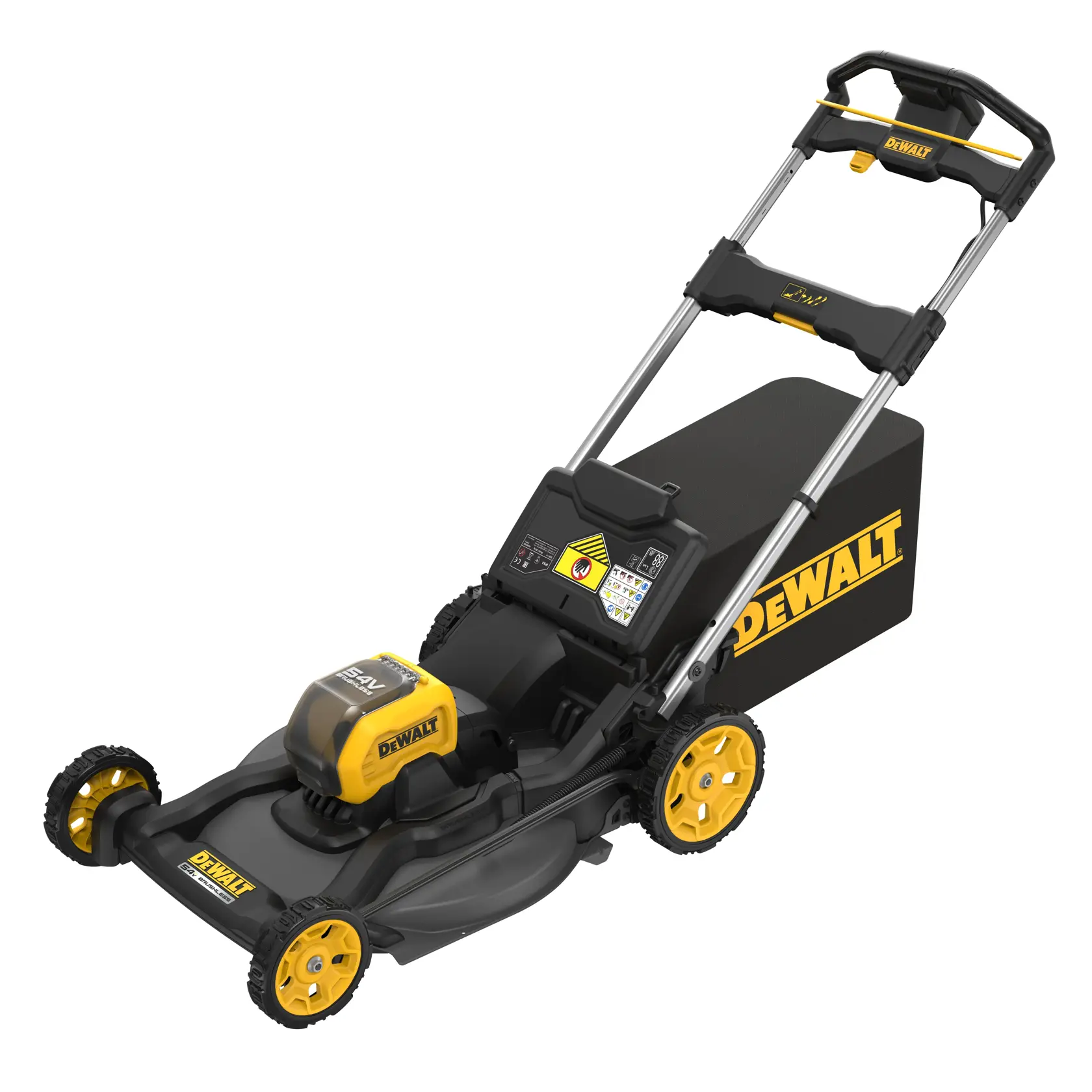 DEWALT cordless lawn mower with yellow and black design, large rear bag, and sturdy wheels.