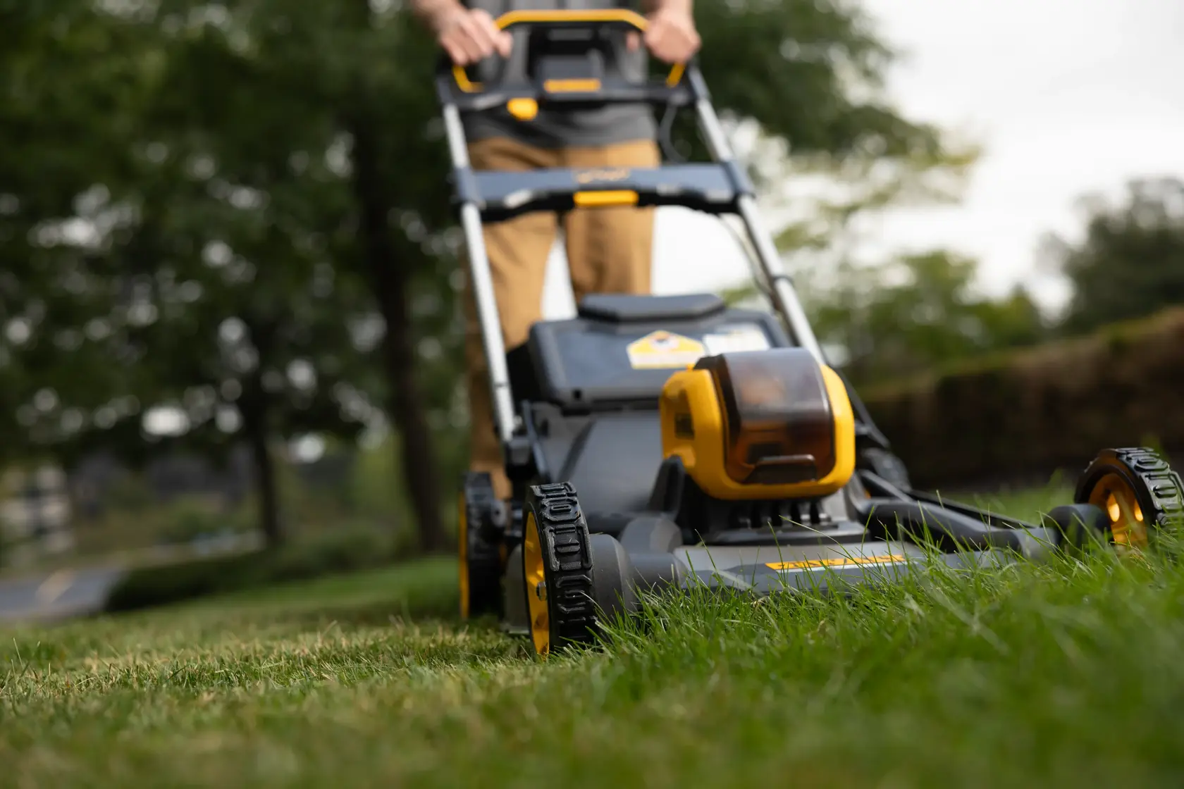 Close-up of a DEWALT cordless lawn mower cutting grass outdoors.