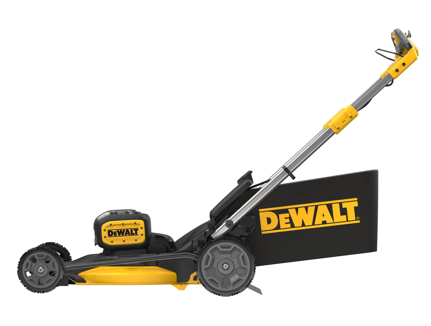 Side view of a DEWALT cordless lawn mower, black and yellow, with rear grass bag attached.