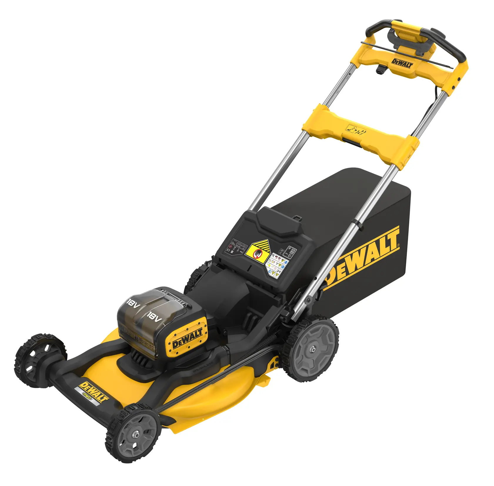 DEWALT cordless lawn mower with 18V battery, yellow and black, shown from side angle on white background.