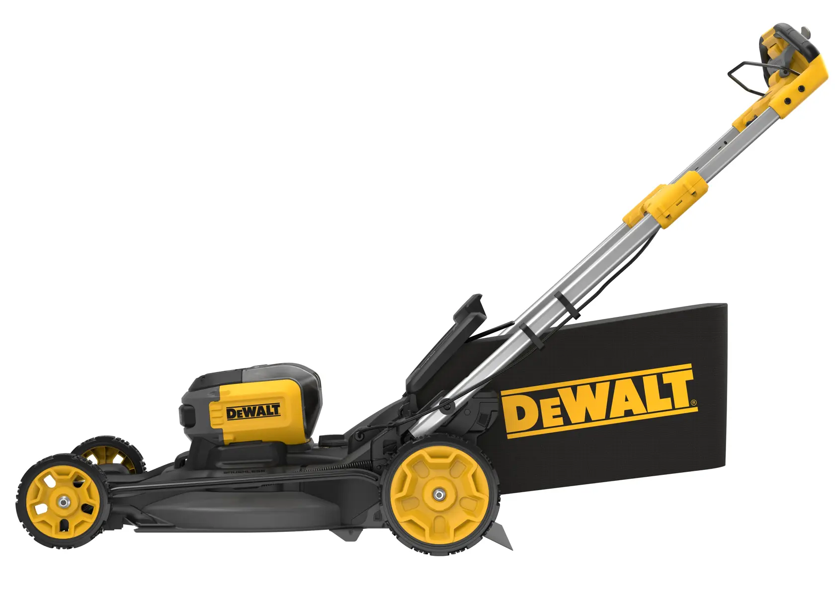 Rasaerba senza fili DEWALT giallo e nero, vista laterale con raccoglierba.