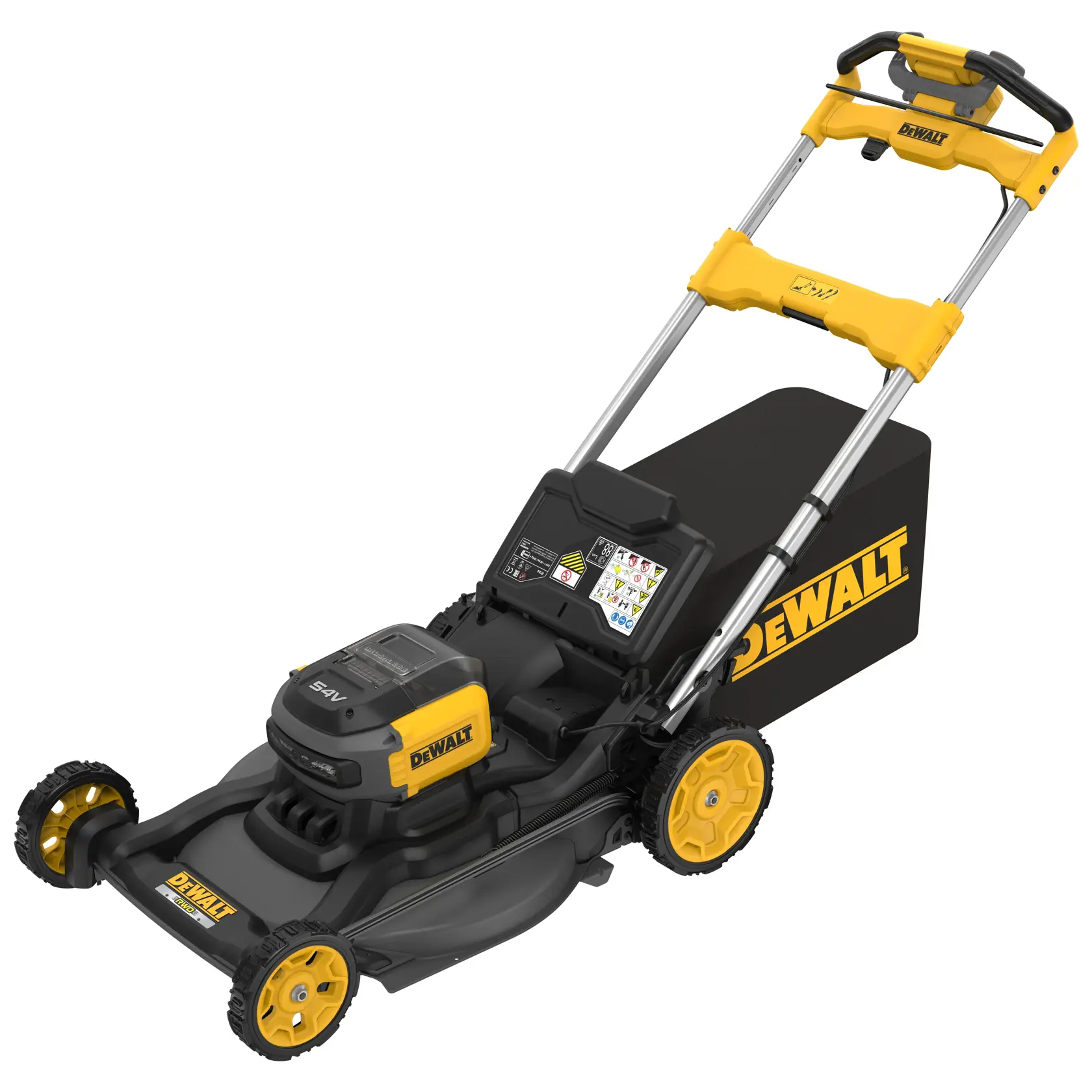 Tagliaerba DEWALT senza fili, design giallo e nero, grandi ruote e sacco posteriore.