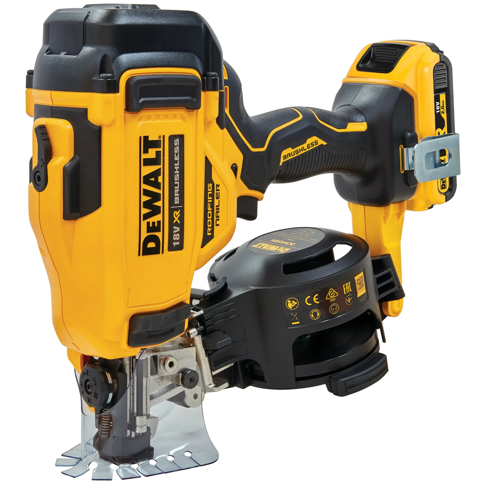DEWALT 18V brushless roofing nailer, cordless tool with yellow and black body, used for nailing roofing materials.