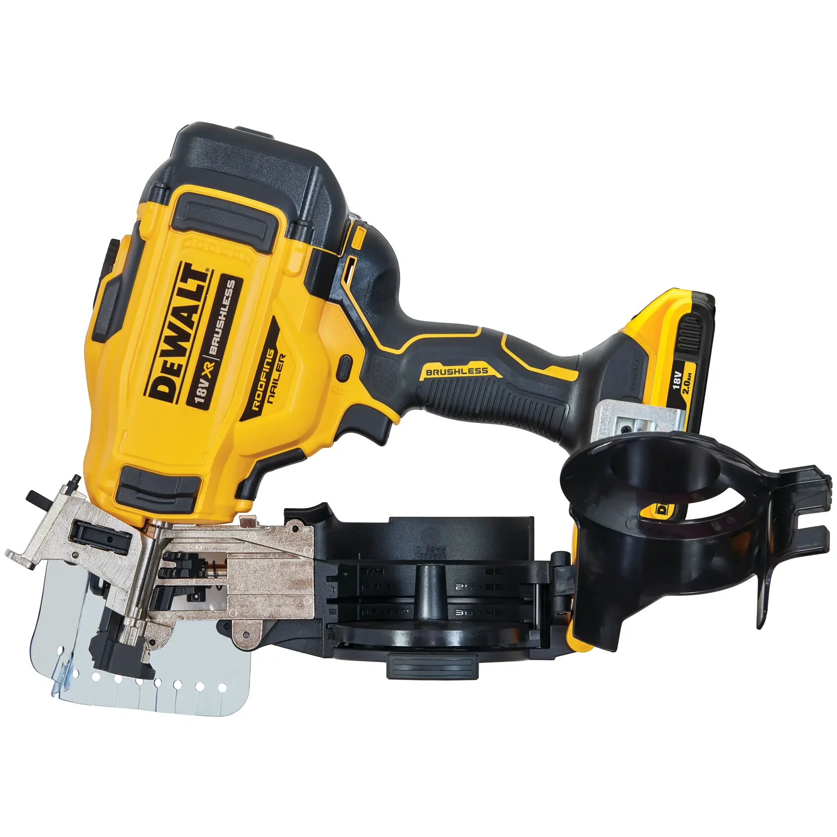 DEWALT 18V cordless roofing nailer with brushless motor and magazine attachment for nails.