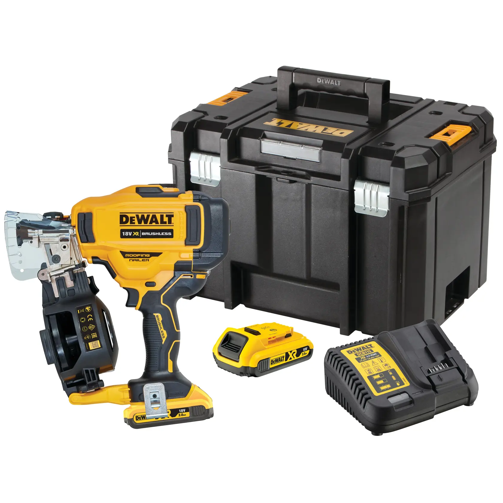 DEWALT 18V roofing nailer kit with tool, battery, charger, and sturdy black storage case.