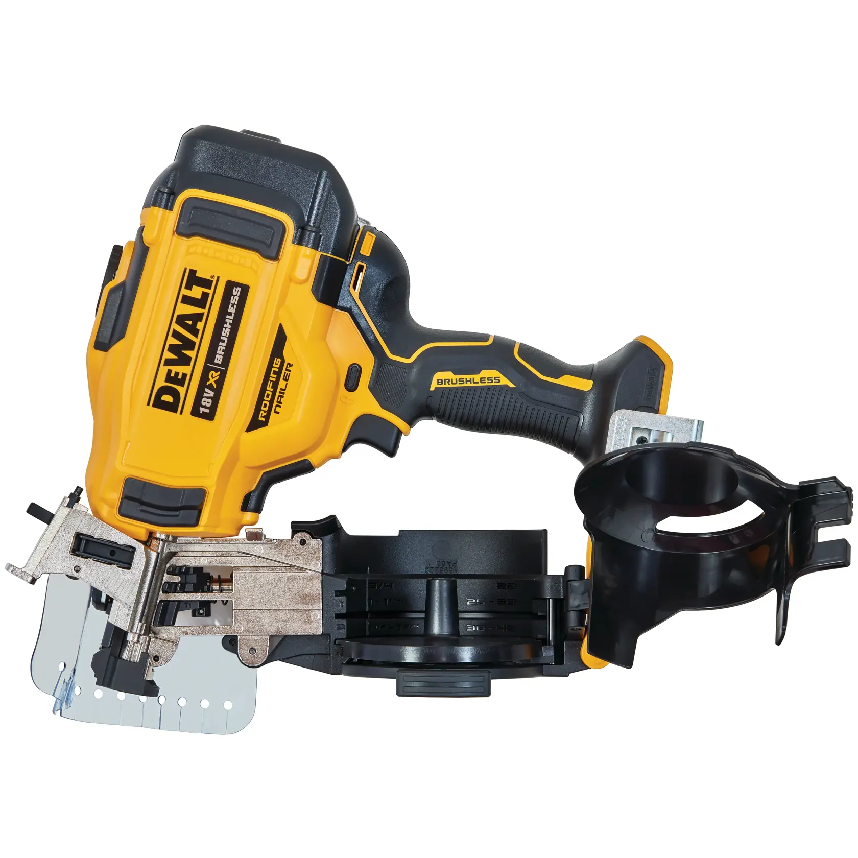 Chiodatrice da tetto DEWALT 18V XR brushless con caricatore a bobina su sfondo bianco.