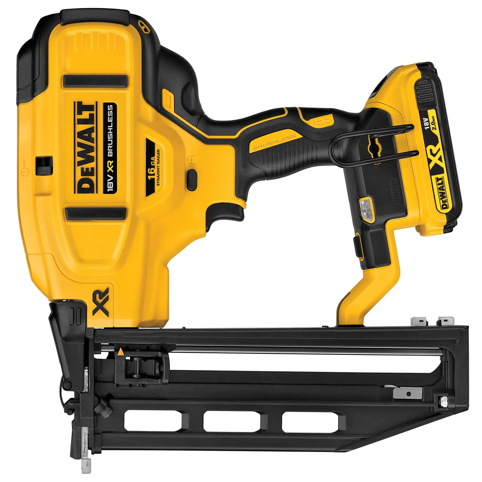 DEWALT 18V XR brushless nailer, yellow and black, 16 gauge with battery, shown from the side.