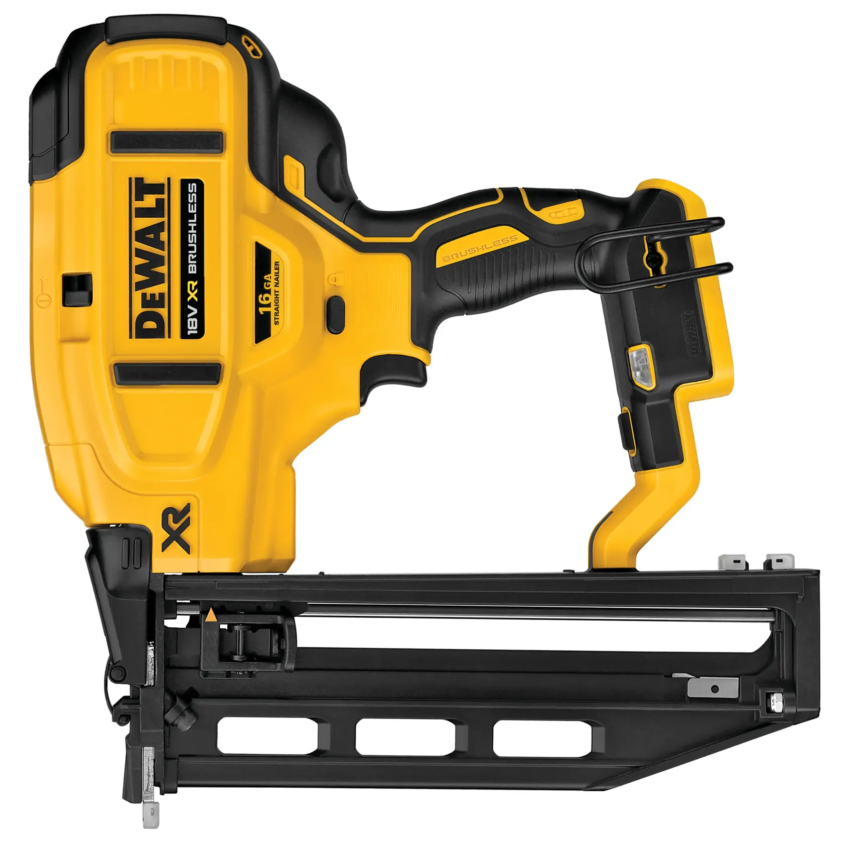 DEWALT 18V XR brushless nailer, yellow and black, model DCN662N for professional construction use.