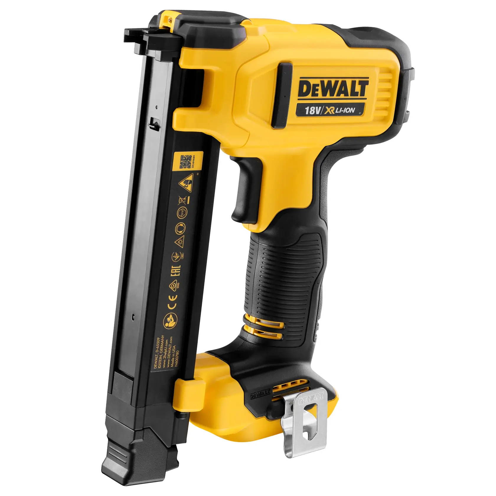 DEWALT 18V XR Li-Ion electric cable stapler, model DCN701N, shown in a side view. The tool is yellow and black with a comfortable ergonomic grip and a long staple magazine.