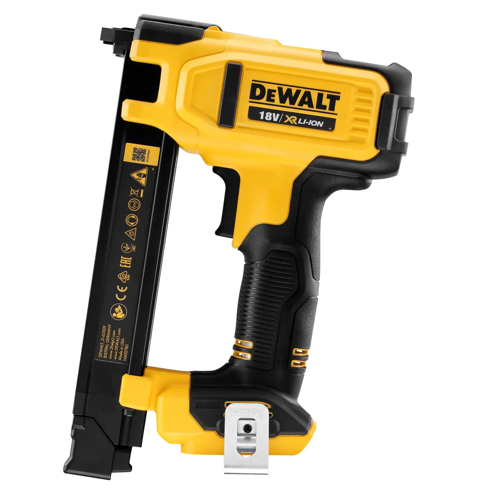 A DEWALT 18V XR Li-Ion cordless cable stapler with a yellow and black body, designed for fastening cables. The model shown is DCN701N.