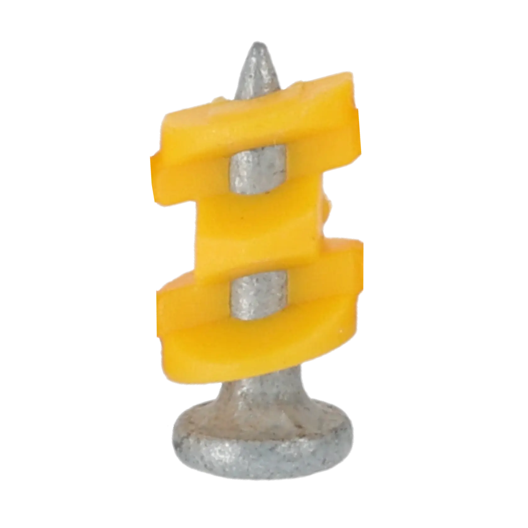 Close-up of a DEWALT concrete nail with yellow plastic fixture.