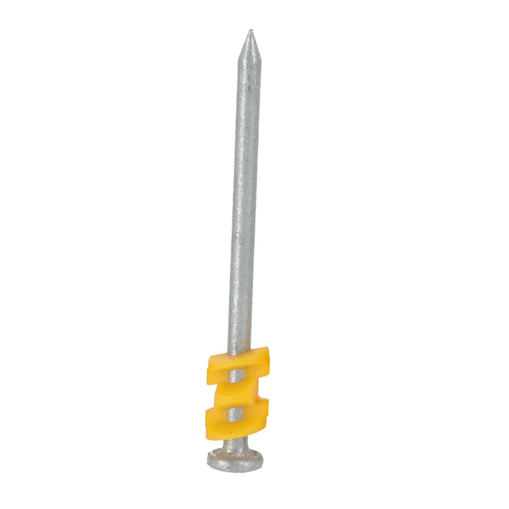 A single metal nail with a yellow plastic collar around the shaft, shown against a white background.