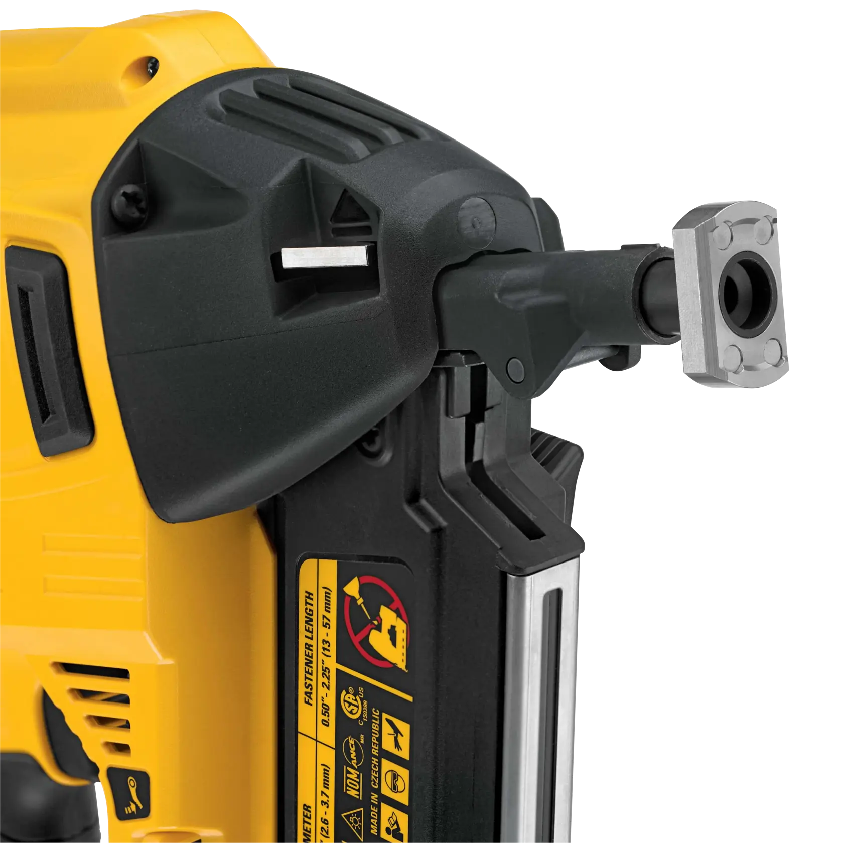 Close-up of a DEWALT DCN8902 nailer, showing the tool’s front and warning labels on its side.