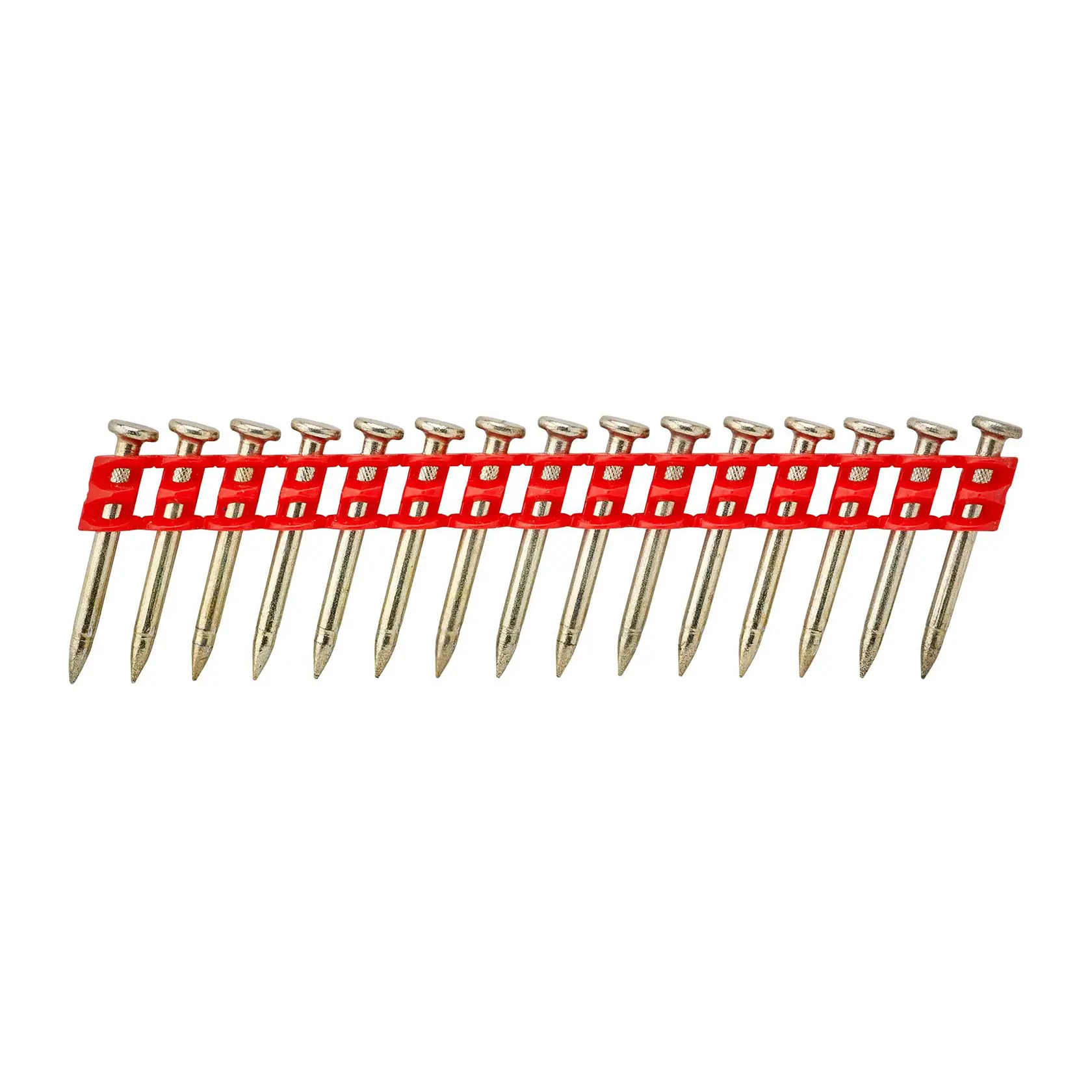 Row of collated metal nails held in a red plastic strip, designed for use in a nail gun.