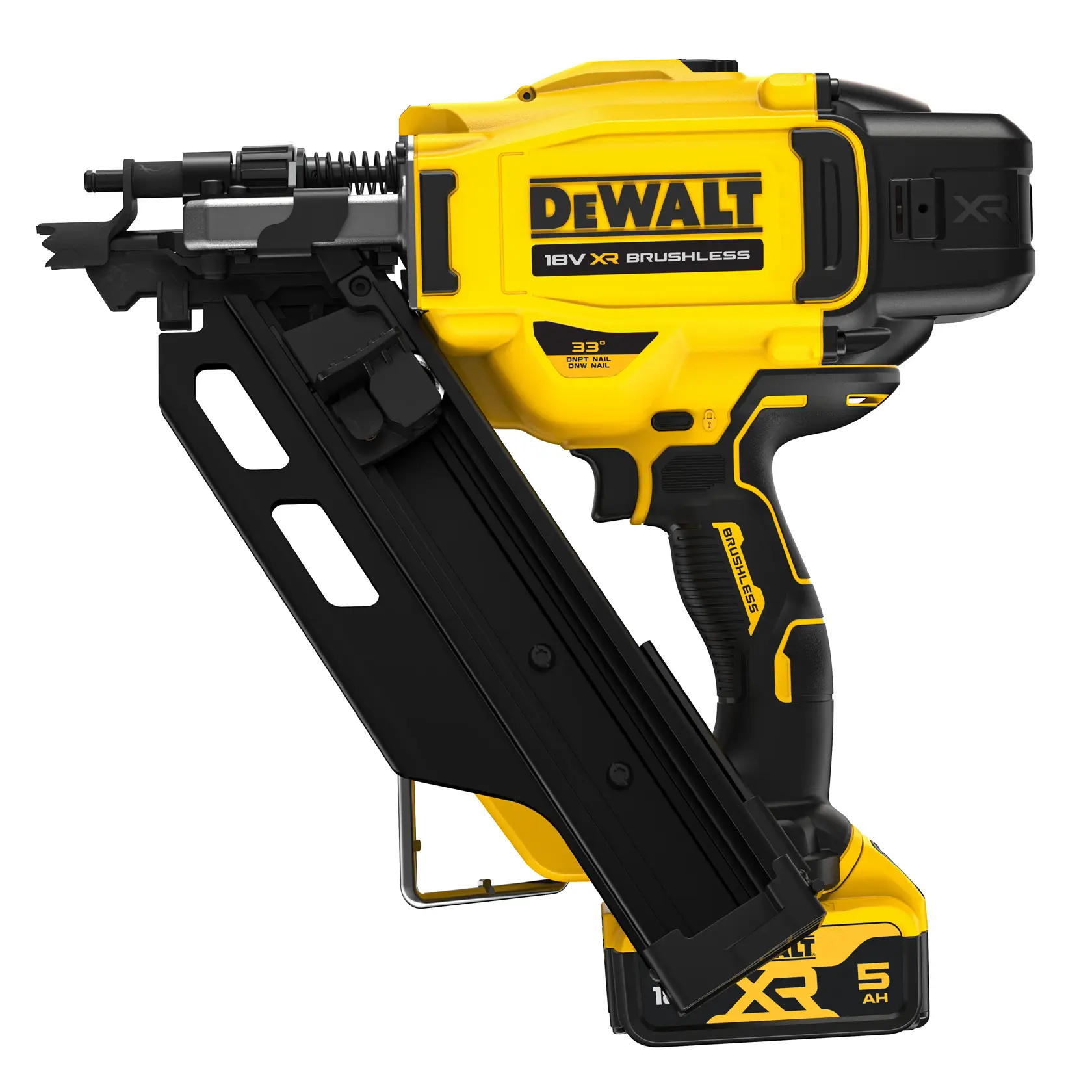 DEWALT 18V XR brushless nail gun with black magazine, yellow body and battery base.