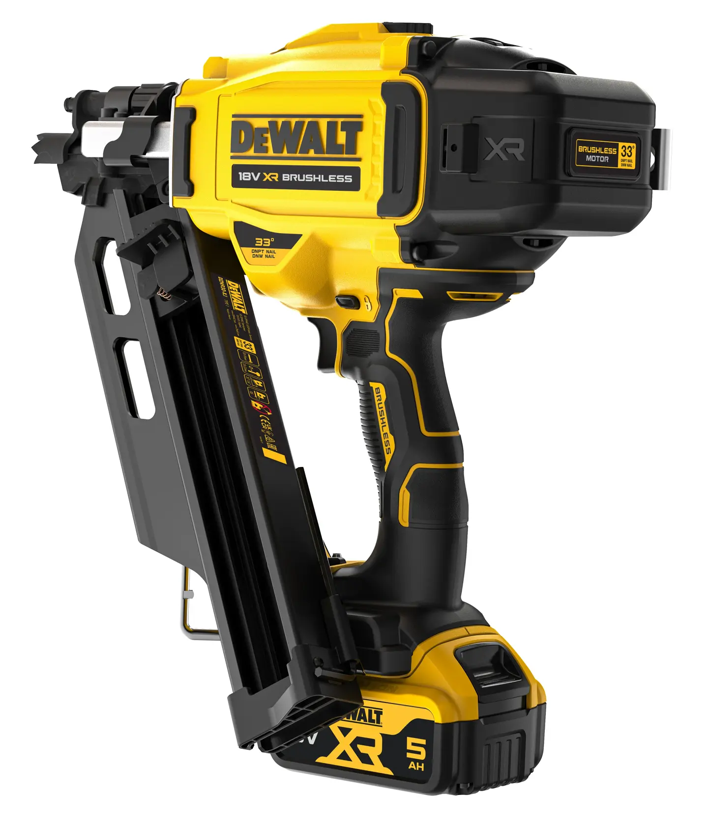 DEWALT 18V XR brushless cordless nail gun with 5Ah battery, yellow and black.