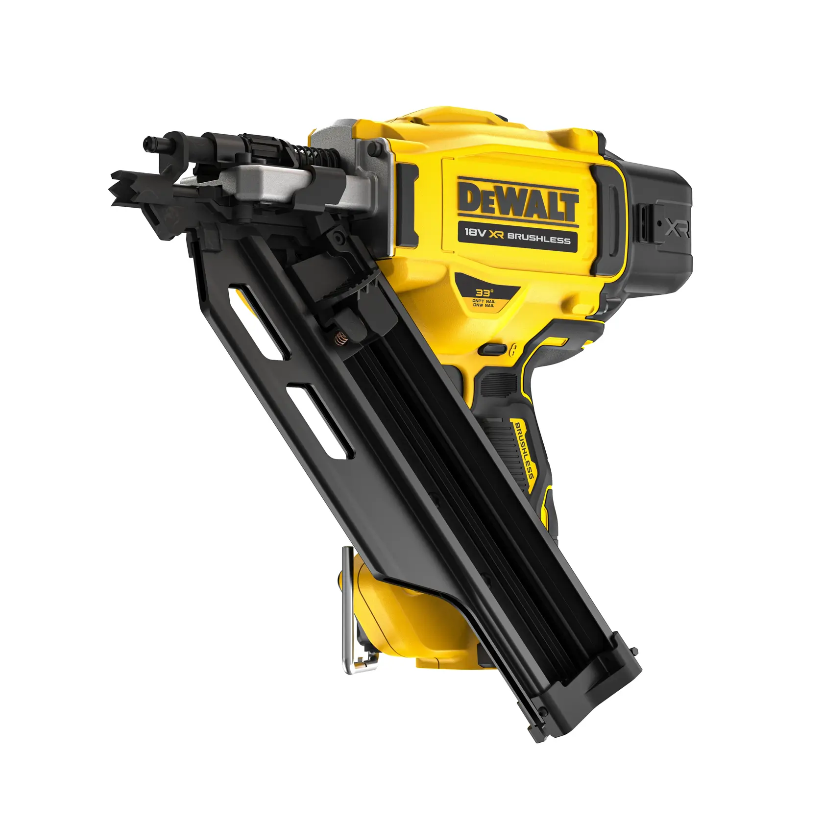 DEWALT 18V XR brushless nail gun in yellow and black, angled magazine, for construction tasks.
