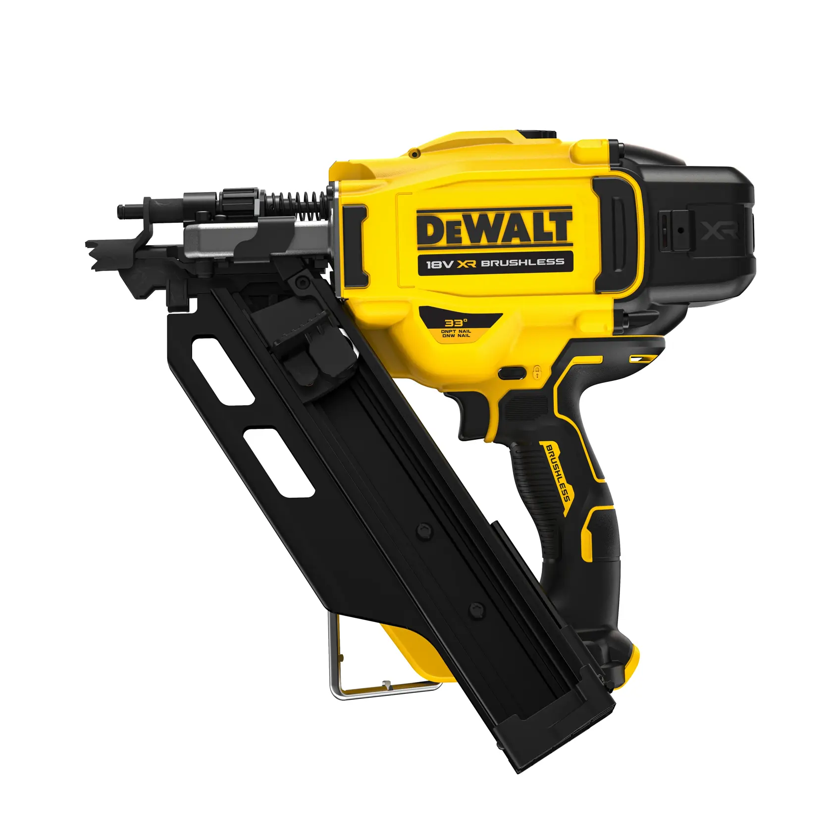 DEWALT 18V XR brushless nailer with yellow and black design, angled magazine, and ergonomic grip.