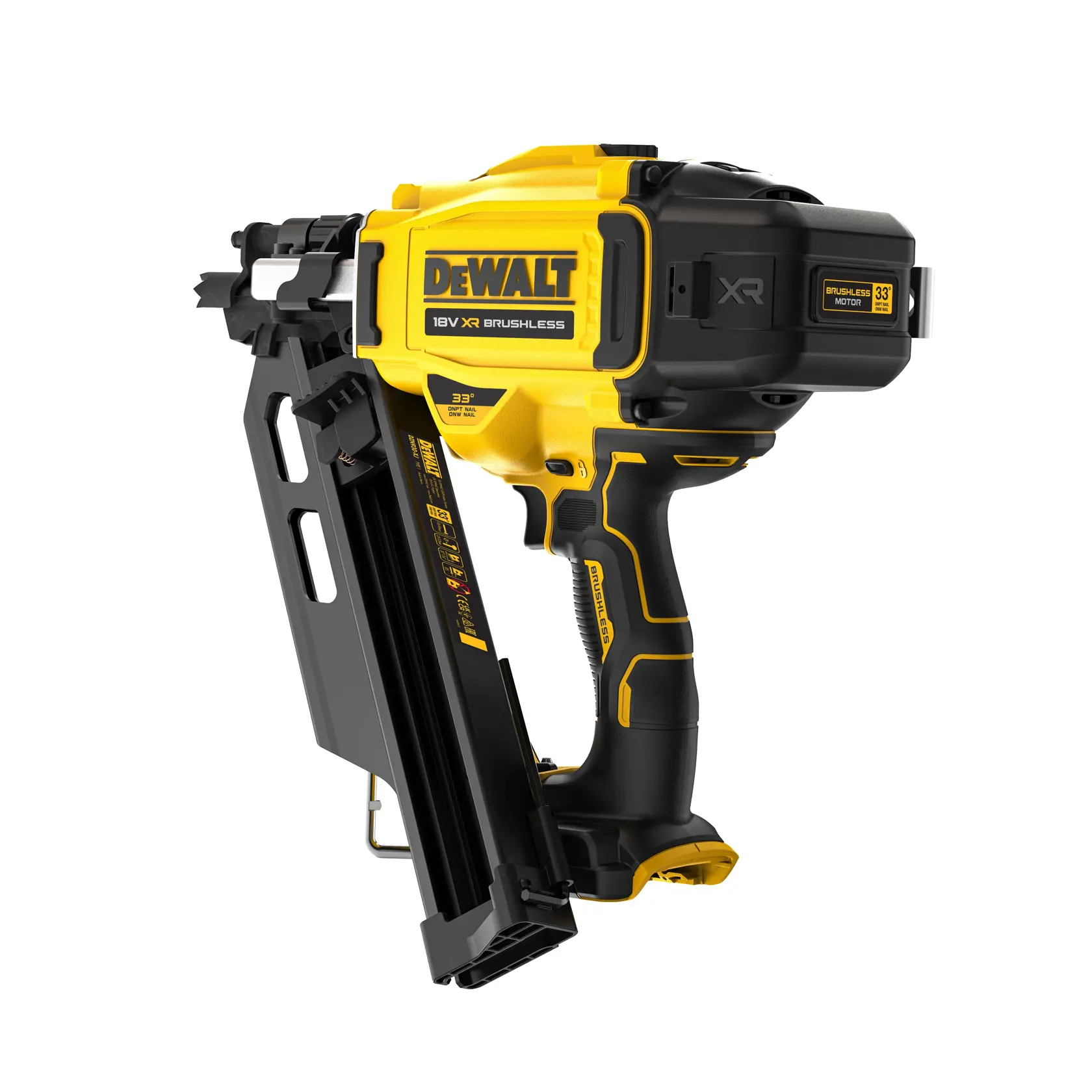 DEWALT cordless nail gun model DCN950N with brushless motor, yellow and black design, angled for framing.