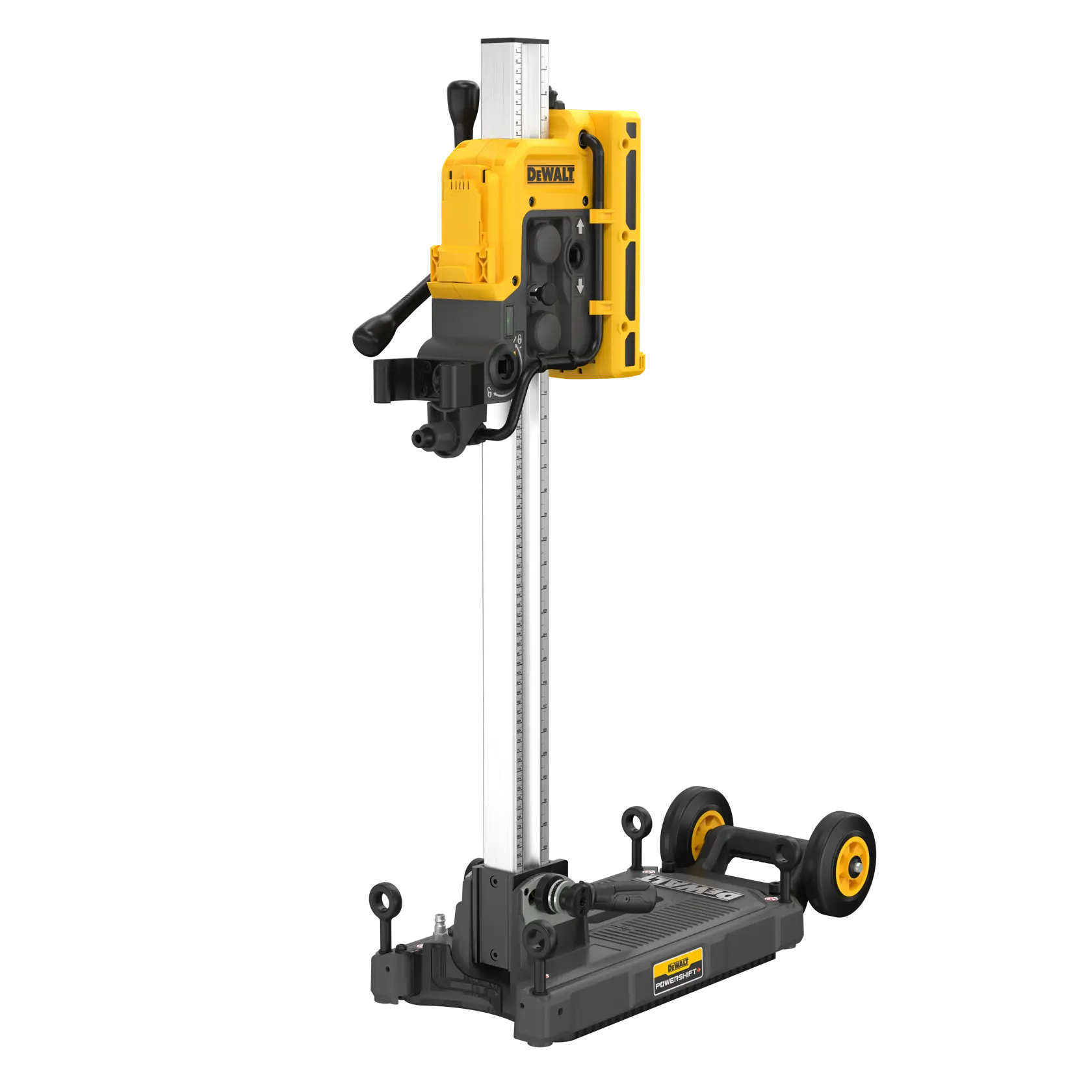 DEWALT DCPS151 yellow and black drill press with stand and wheels for portable core drilling tasks.