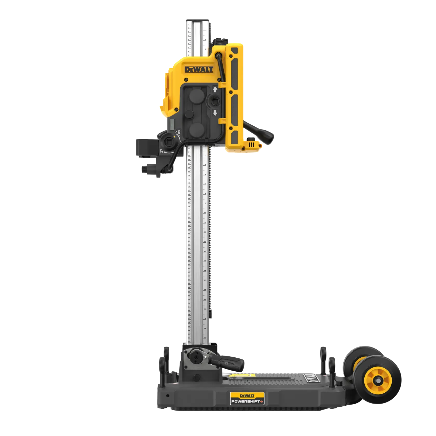 DEWALT DCPS151 professional drill stand with wheels, vertical ruler, and handle, shown in yellow and black.
