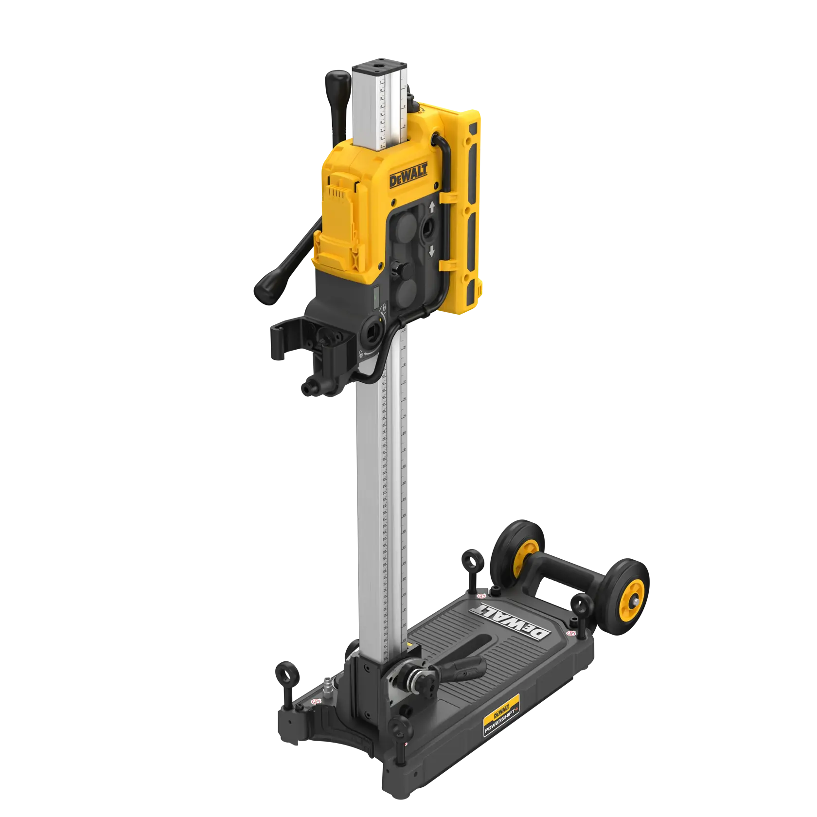 DEWALT DCPS151 photography tool stand with adjustable height and wheels, shown in yellow and black.