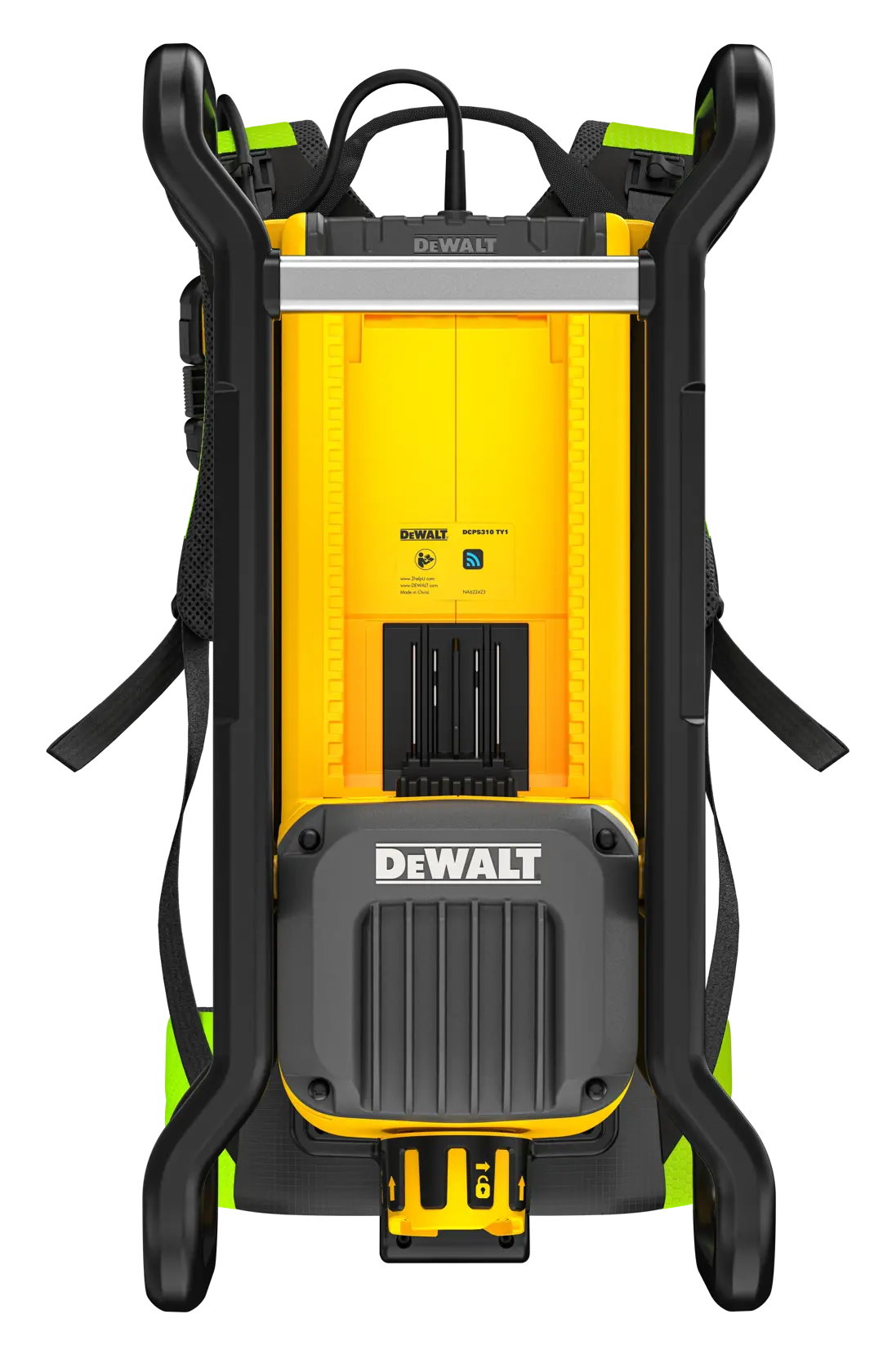 DEWALT DCPS310N battery backpack charger in yellow and black, shown upright with straps and handle.