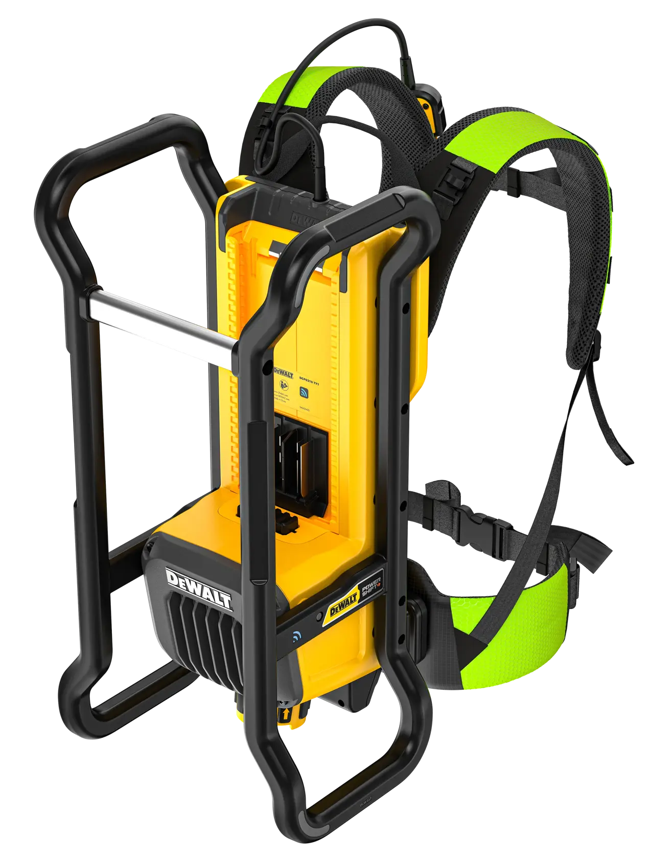 DEWALT DCPS310N backpack power unit with yellow and black frame and green shoulder straps.