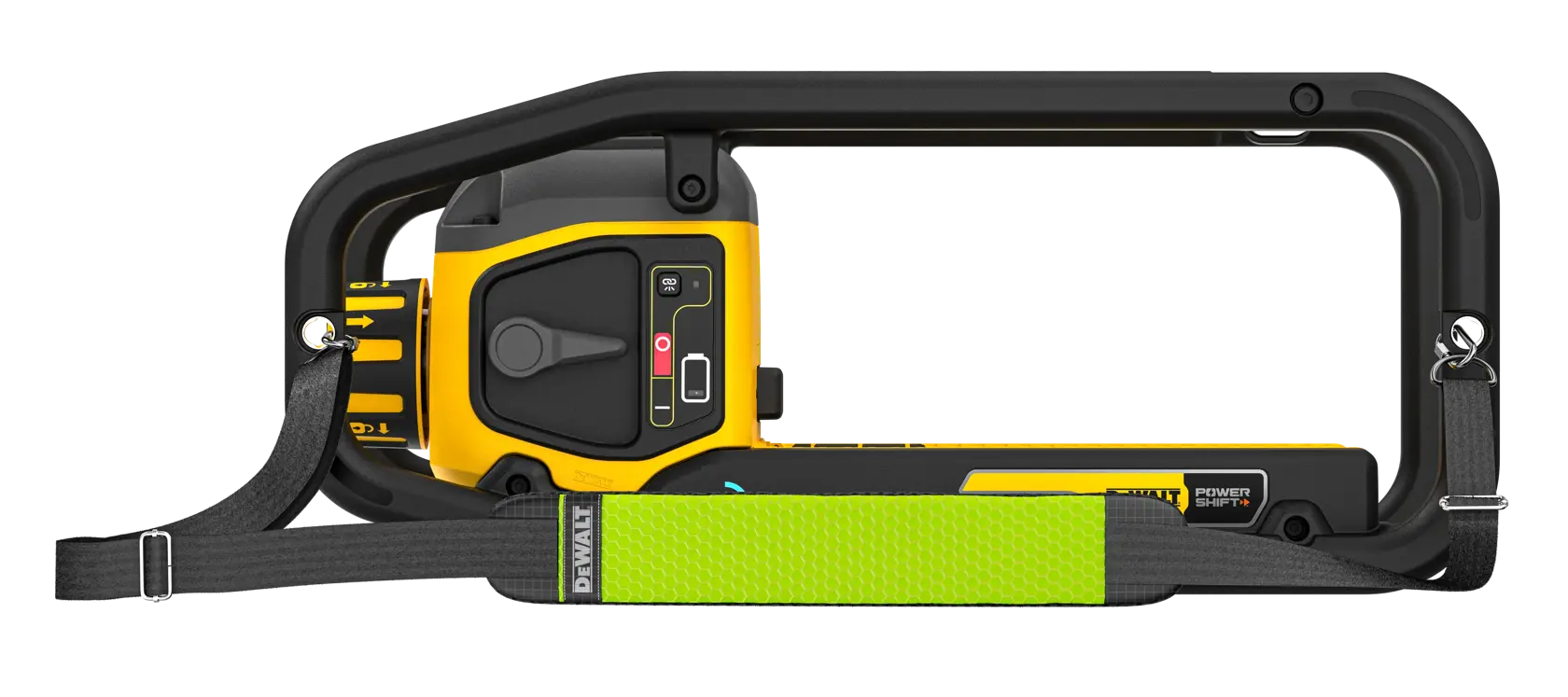 DEWALT DCPS320N cordless chainsaw with safety guard and carrying strap, shown in side profile view.