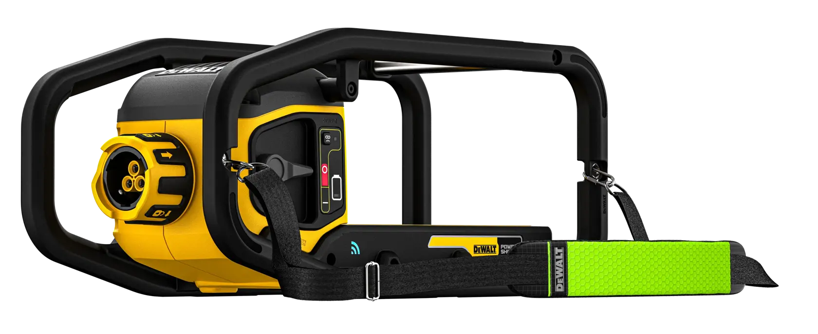 DEWALT DCPS320N tool with protective frame and bright green shoulder strap, shown from side view.