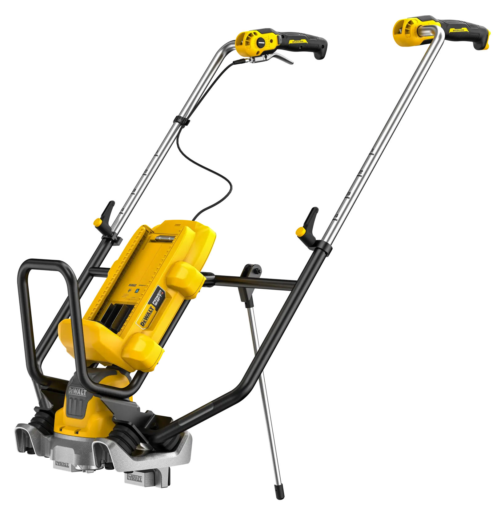 DEWALT cordless photography device with yellow and black frame, dual handles, and adjustable stand.