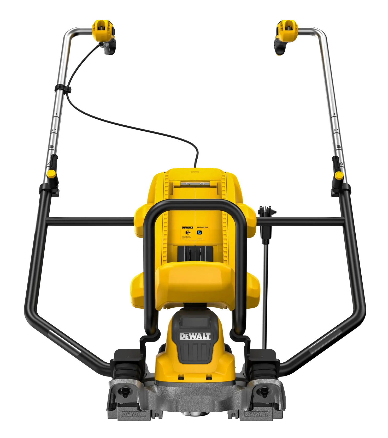 DEWALT DCPS330N yellow power pole saw shown from front with metal handles, battery compartment, and cutter head.