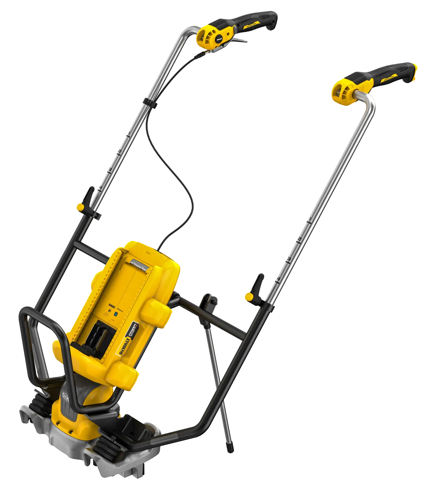 Yellow and black DEWALT cordless pole saw with adjustable handle shown isolated on a white background.