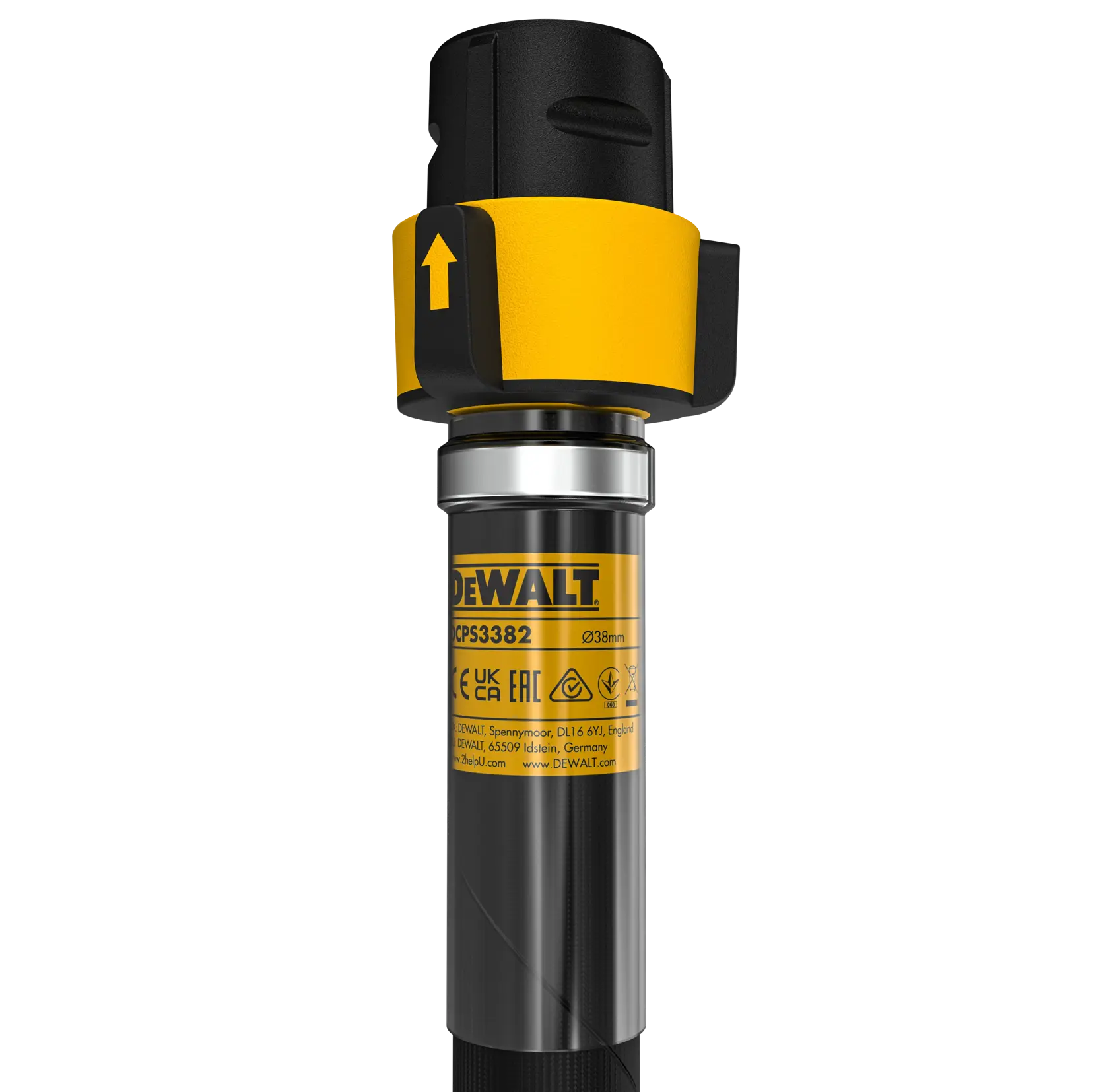 Close-up of DEWALT DCPS3382 photography tool with yellow and black casing and product label visible.