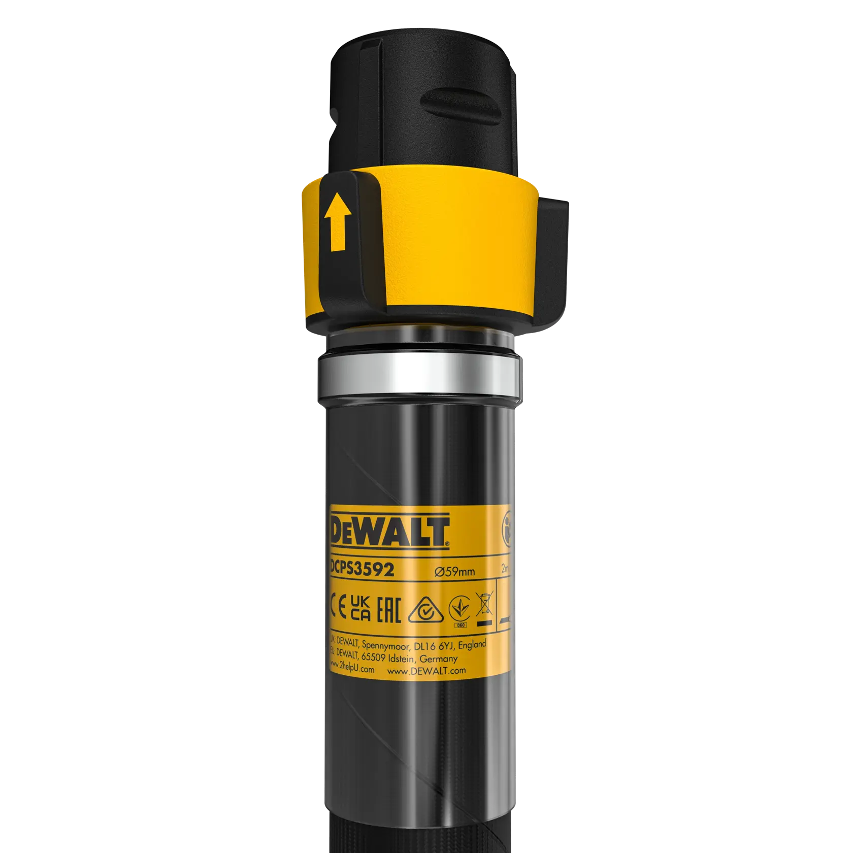 Close-up of DEWALT DCPS3592 pole, showing yellow safety collar and product label with specifications.