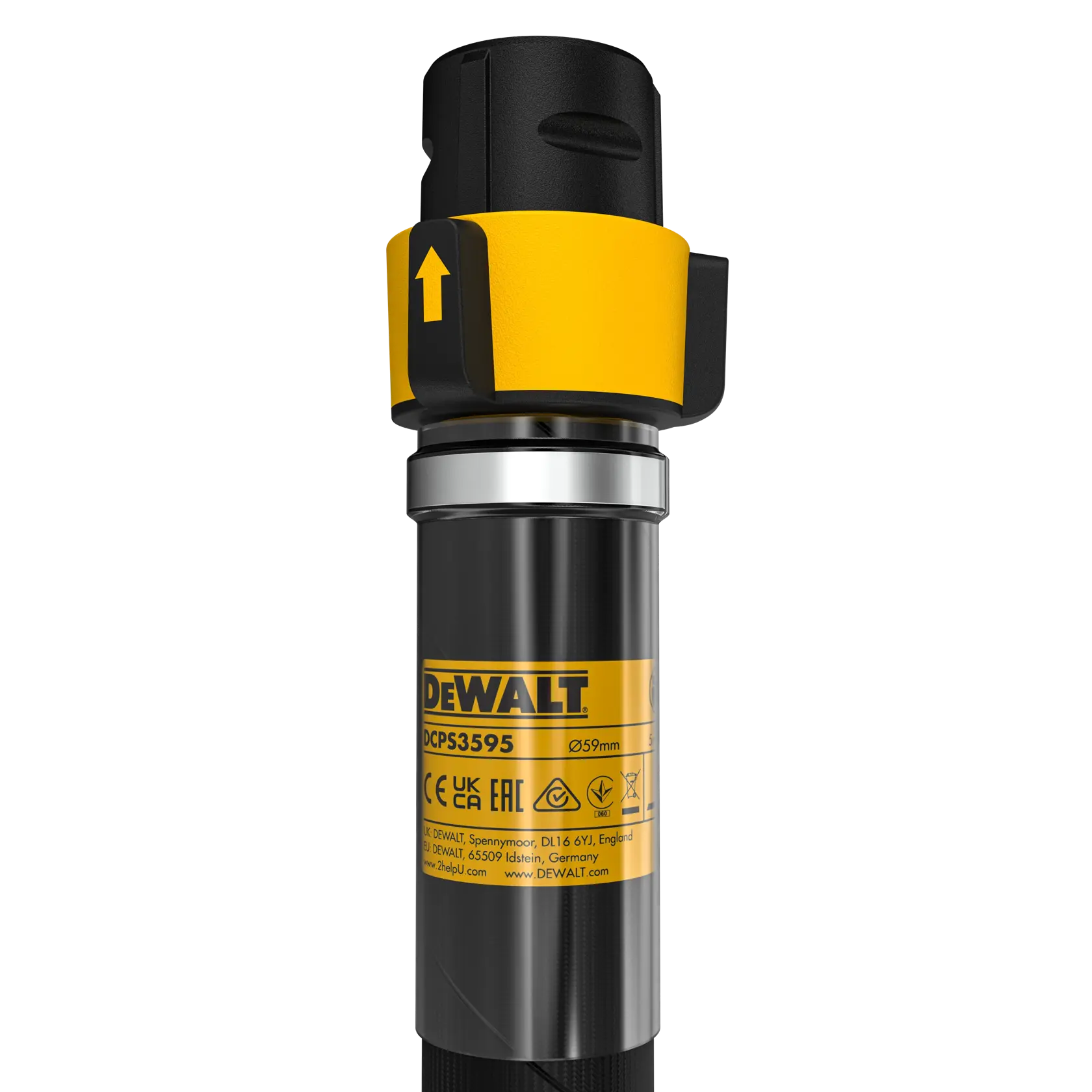 Close-up of DEWALT DCPS3595 tool with yellow label, branding and arrow indicator at the top.