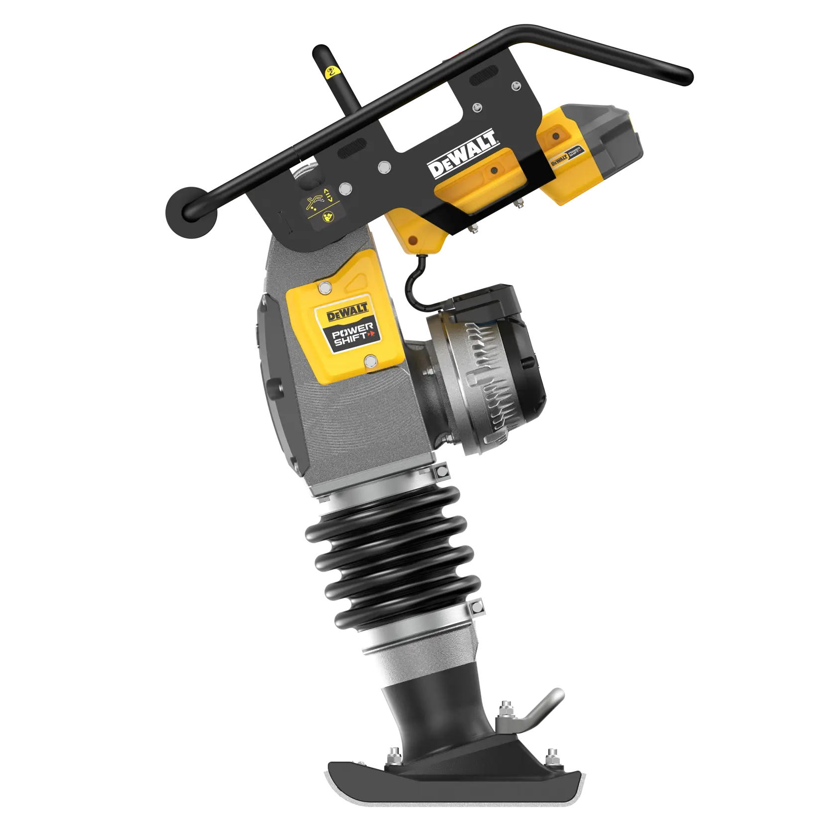 DEWALT DCPS660N cordless rammer tool with handle and battery, shown in side profile on white background.