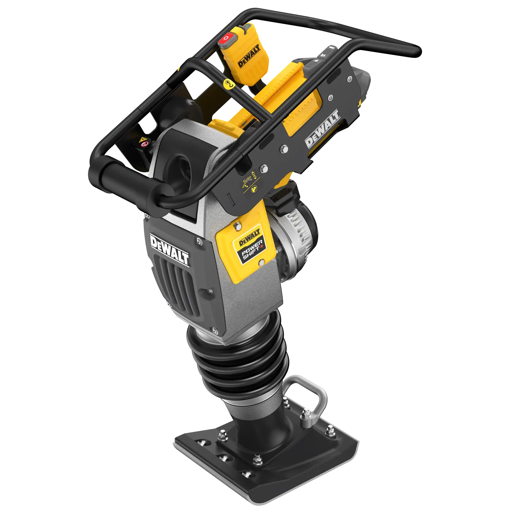 DEWALT cordless compactor with protective frame, yellow and black, shown on white background.