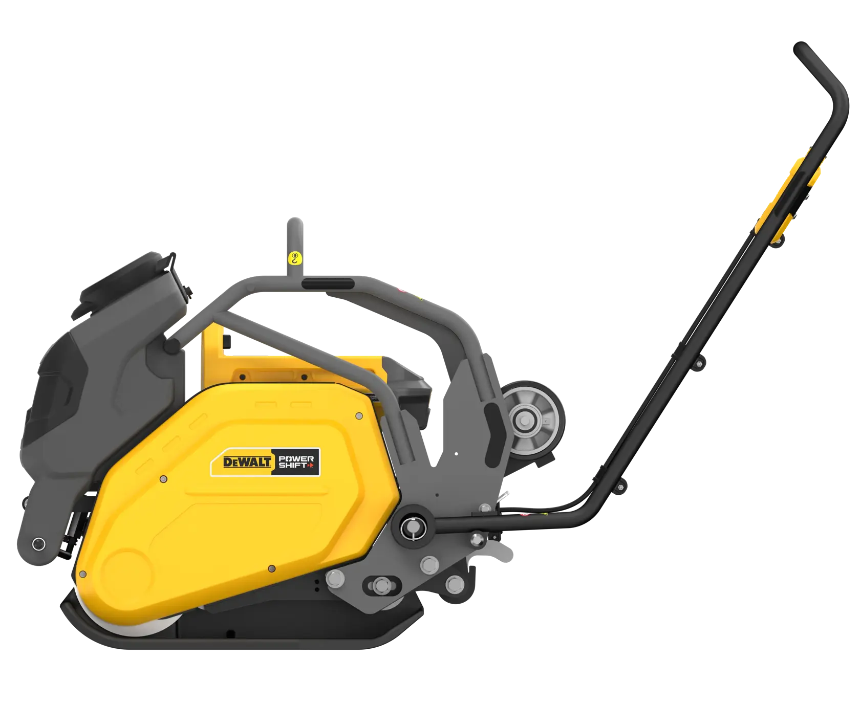 DEWALT yellow and black power tool with wheeled base and handle, shown from the side against a white background.