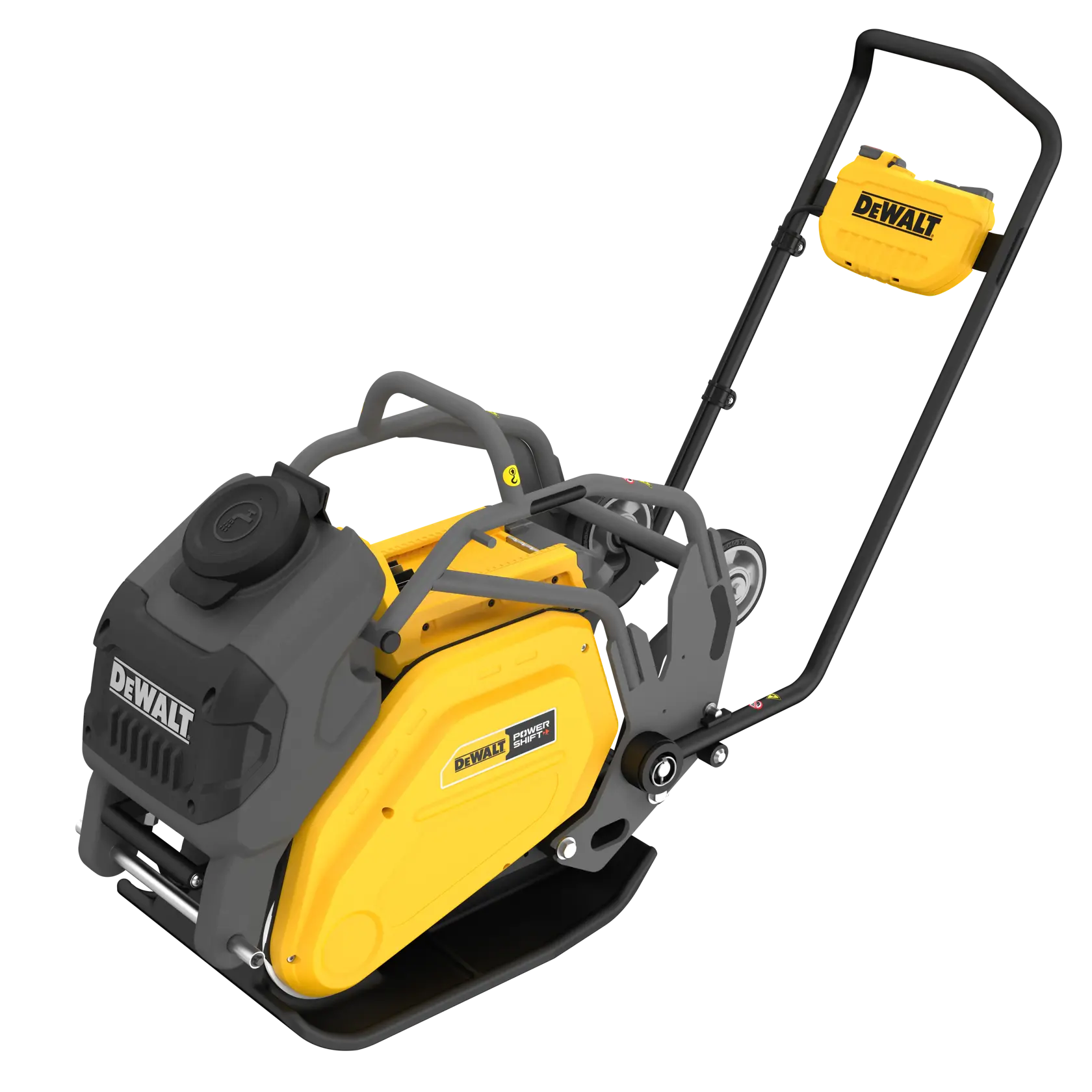 DEWALT yellow and black plate compactor with handle and wheels, used for compacting surfaces.