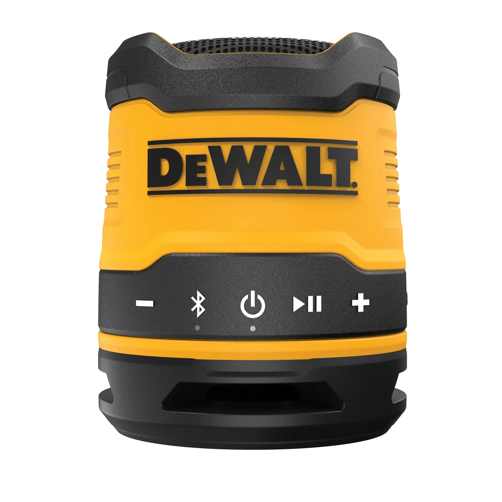 Frontvisning av en bærbar DEWALT Bluetooth-høyttaler, modell DCR009, i gul og svart. Høyttaleren har kontrollknapper for volum, Bluetooth-tilkobling, strøm og avspilling på fronten.