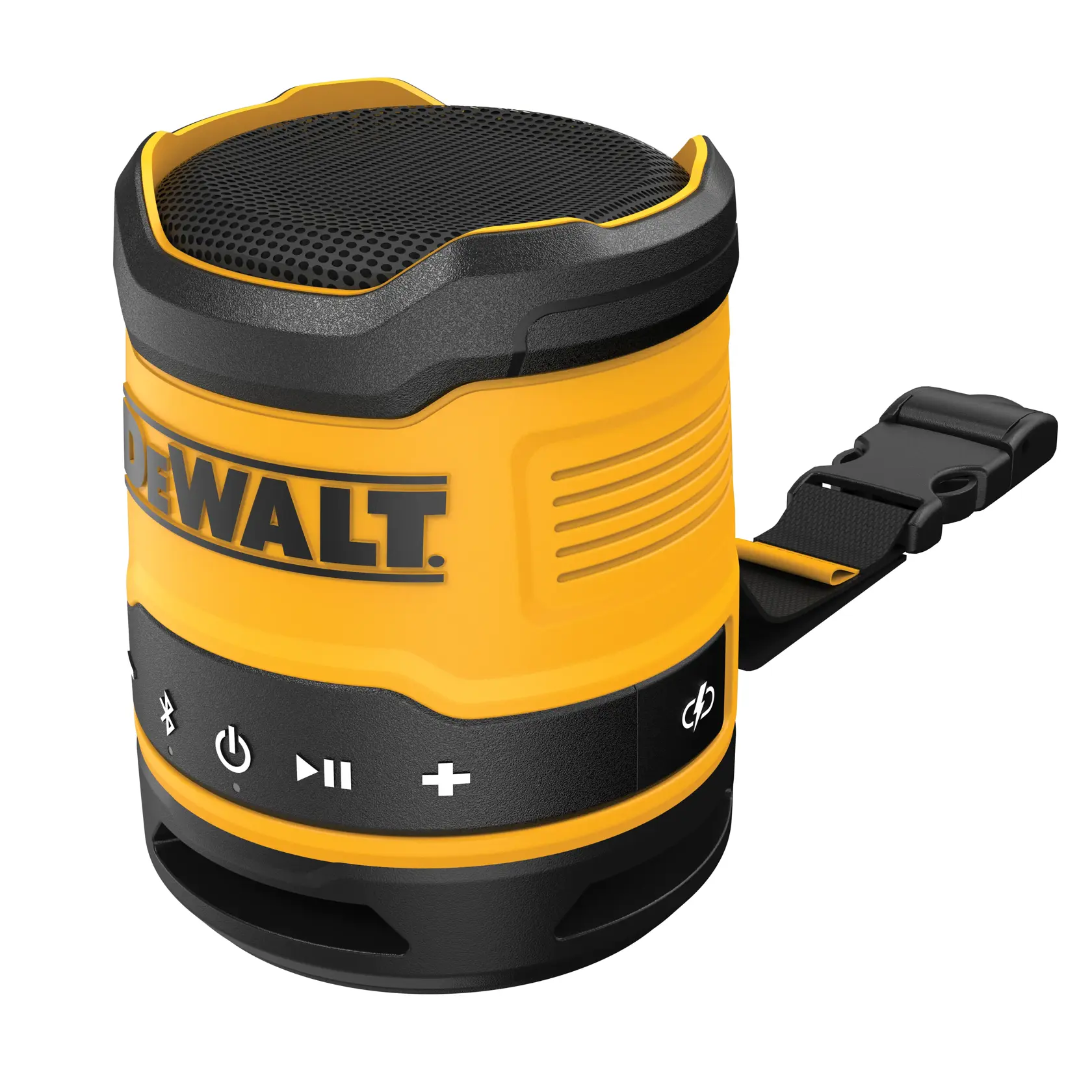 DEWALT bærbar Bluetooth-høyttaler i gult og svart, med kontrollknapper og bærestropp.