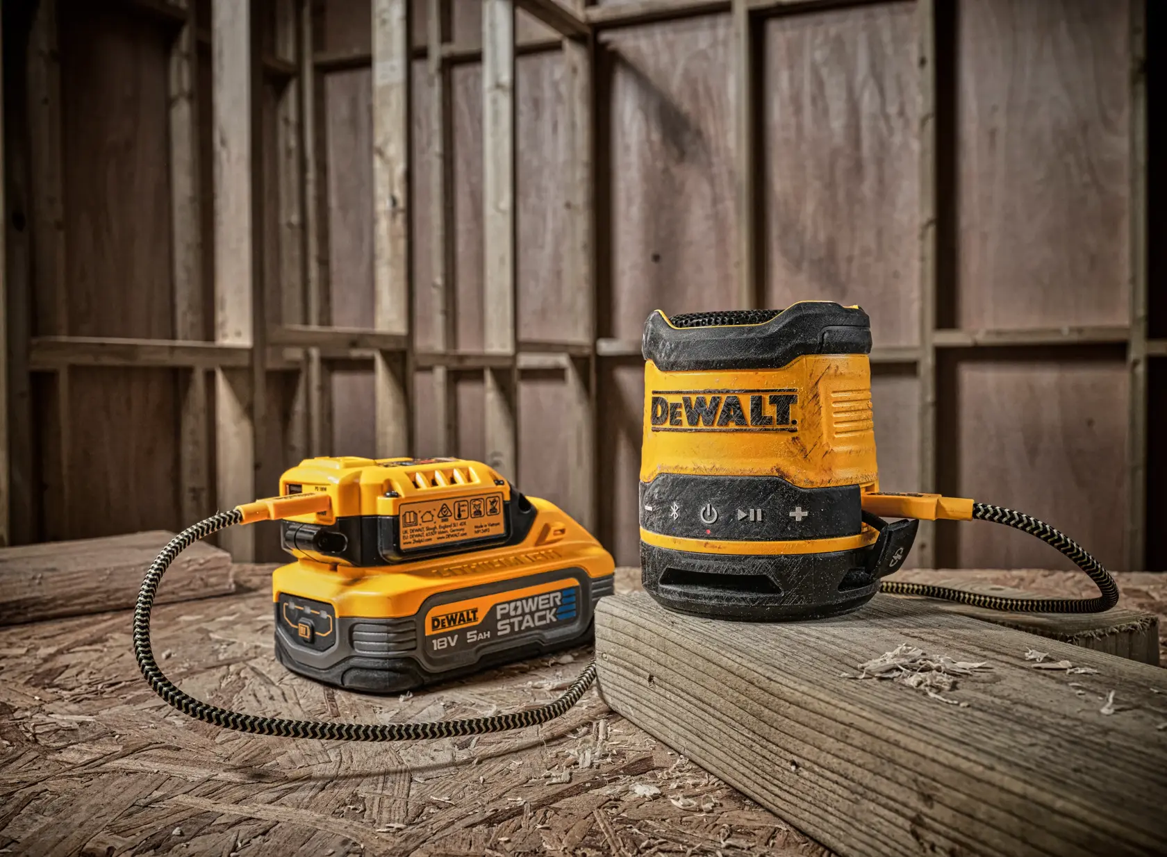 En DEWALT DCR009 bærbar Bluetooth-høyttaler koblet til et DEWALT POWERSTACK 18V batteri, begge plassert på en treoverflate i et byggeplassmiljø.