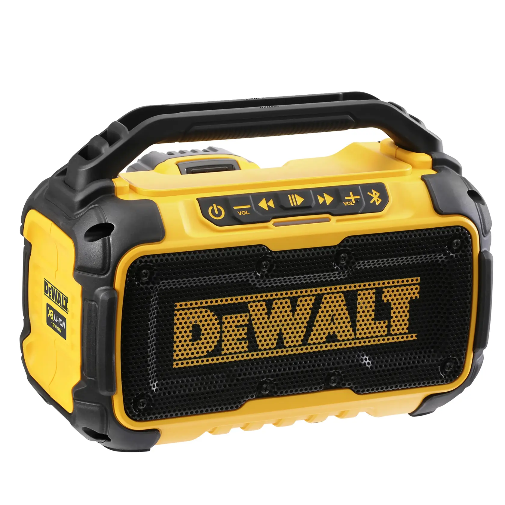 Yellow and black DEWALT portable speaker with control buttons and carry handle.