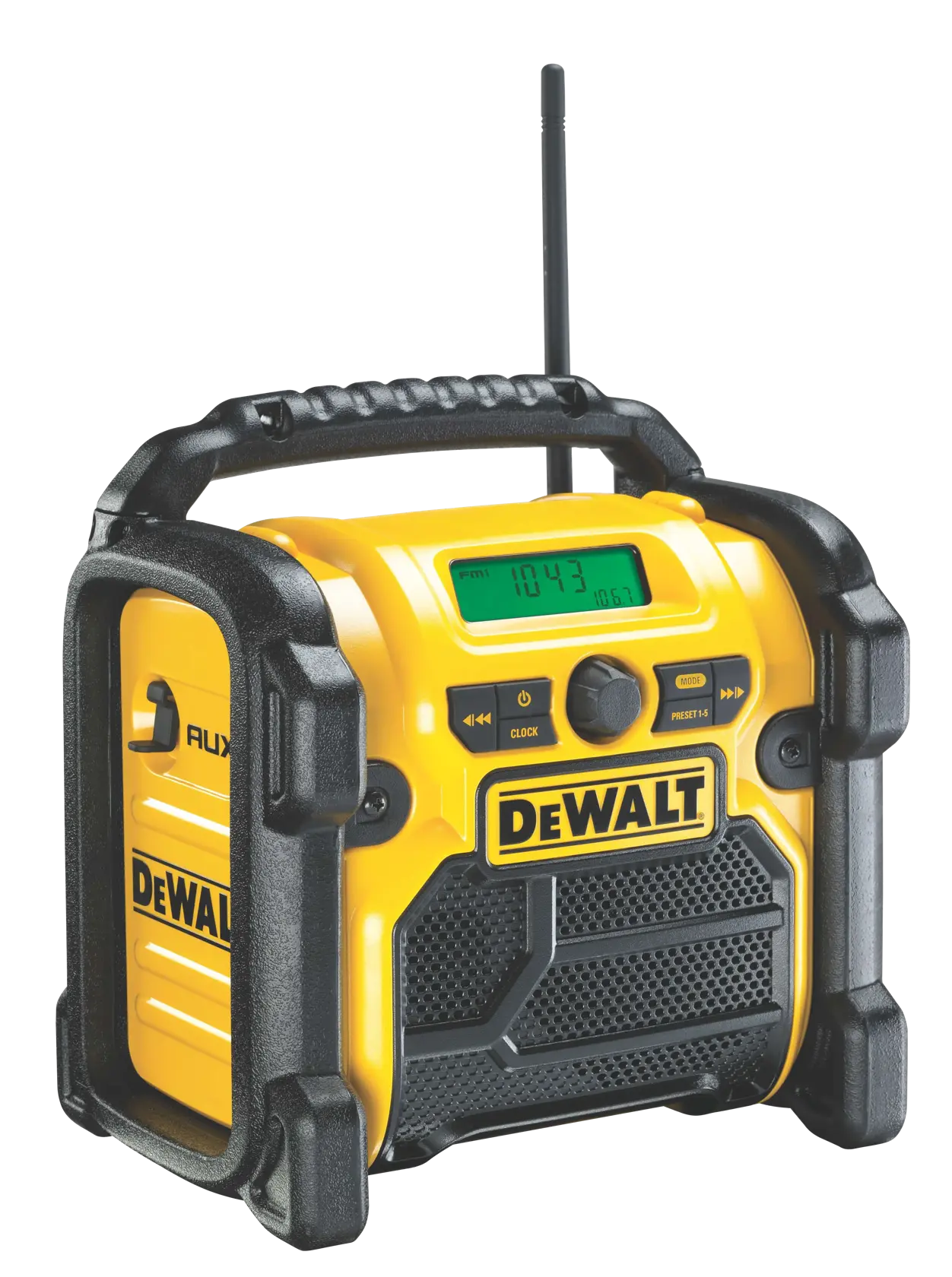 DEWALT portable yellow jobsite radio with handle, display, buttons, and protective black frame.