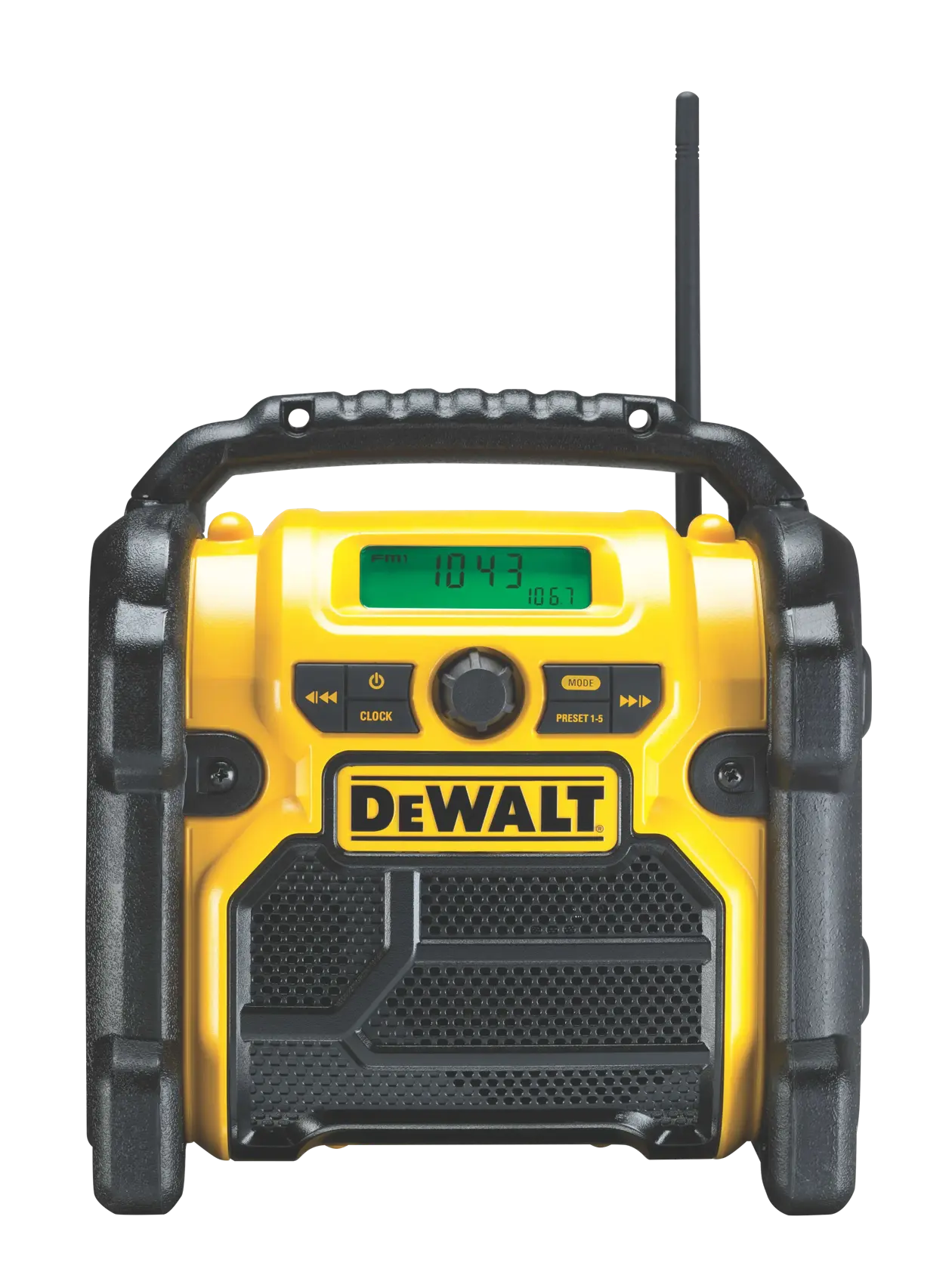 Front view of a DEWALT portable radio with handle, display screen, buttons, and antenna.